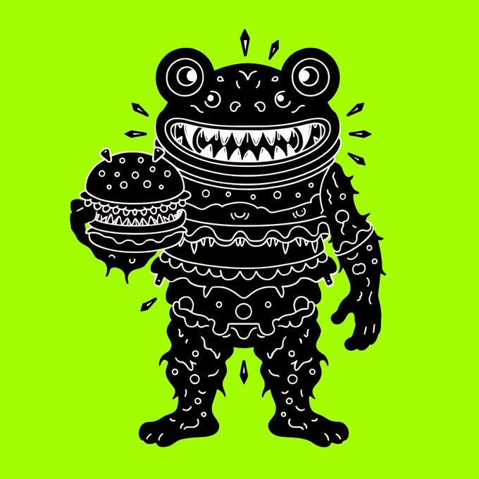 A stylized black illustration of a monstrous frog or bear-like creature holding a burger, with sharp teeth, set against a bright green background.