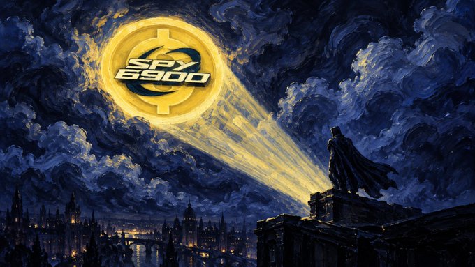 A Van Gogh 'Starry Night'-inspired digital artwork featuring a large glowing gold Bitcoin logo with 'SPY 6900' text in the sky, illuminating a cityscape below where a cloaked figure stands on a rooftop.