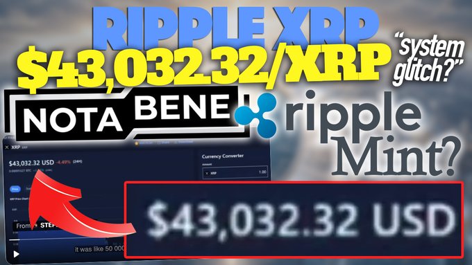 This thumbnail shows "RIPPLE XRP $43,032.32/XRP" with the text "system glitch?" and "Ripple Mint?", hinting at a potential price surge for XRP possibly due to the CLARITY news.
