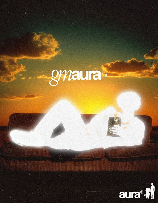 An artistic album-style cover featuring glowing white silhouettes of two figures reclining on a sofa against a sunset sky with orange clouds, with the text 'gmaura' and 'aura' visible.