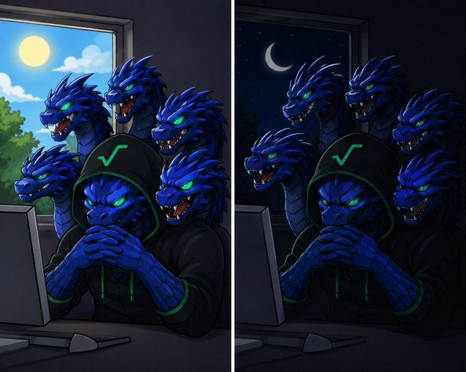 A side-by-side digital illustration showing a hooded figure surrounded by blue dragon heads during daytime (left) and nighttime (right), with the moon visible in the right panel.