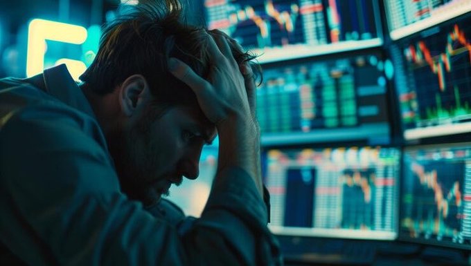 A distressed trader holds his head in front of multiple screens showing red-and-green market charts and candlestick graphs. The image illustrates the post’s report that **181,941 crypto traders** were liquidated in the past 24 hours.