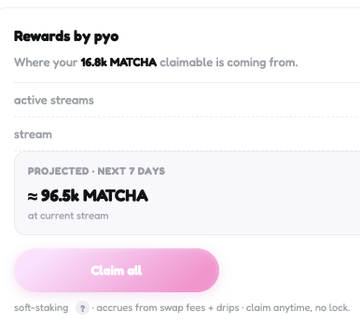 A mobile app screen titled 'Rewards by pye' showing '16.8k MATCHA claimable' and a 'PROJECTED - NEXT 7 DAYS' amount of '≈ 96.5k MATCHA', with a pink 'Claim all' button.