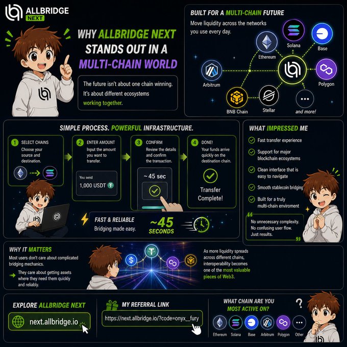 An infographic for 'ALLBRIDGE NEXT' titled 'WHY ALLBRIDGE NEXT STANDS OUT IN A MULTI-CHAIN WORLD,' illustrating its cross-chain bridging features across Ethereum, Solana, Base, Arbitrum, Polygon, BNB Chain, and Stellar, with a referral link to next.allbridge.io.