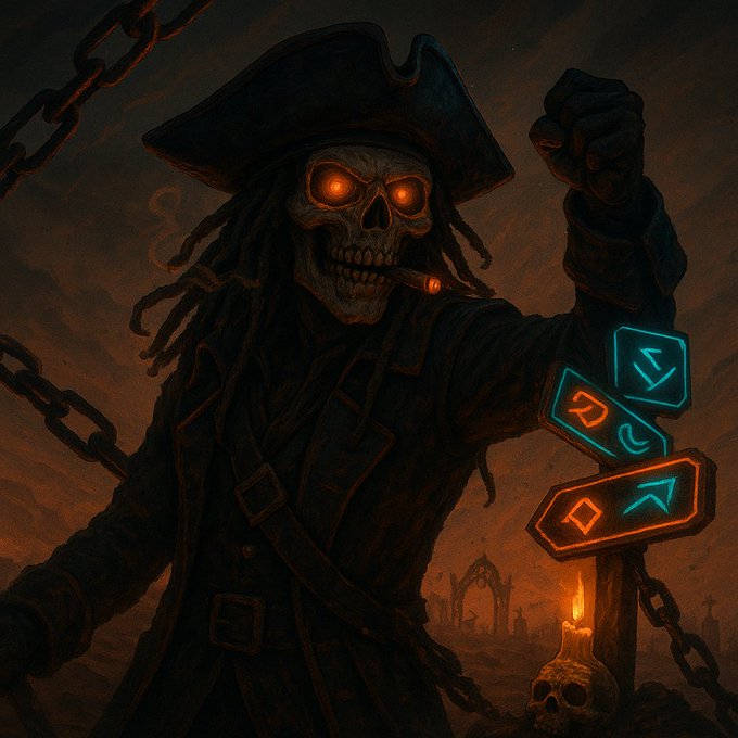 A dark fantasy digital illustration of a skeletal pirate with glowing orange eyes wearing a tricorn hat, smoking a cigar, with a raised fist amid chains, a glowing directional signpost, and a skull with a candle in a graveyard setting.