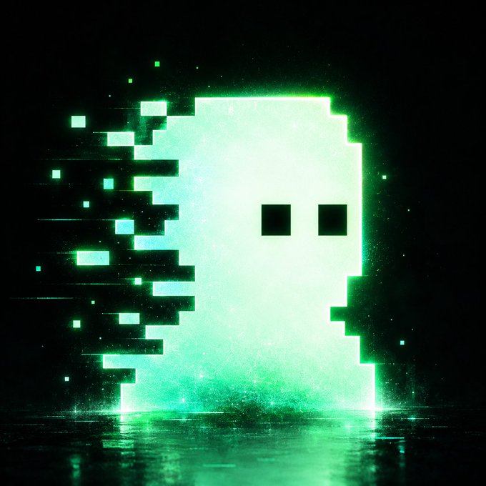 A pixelated, glitchy green ghost-like figure with two square eyes appears in a retro 8-bit digital art style against a black background.
