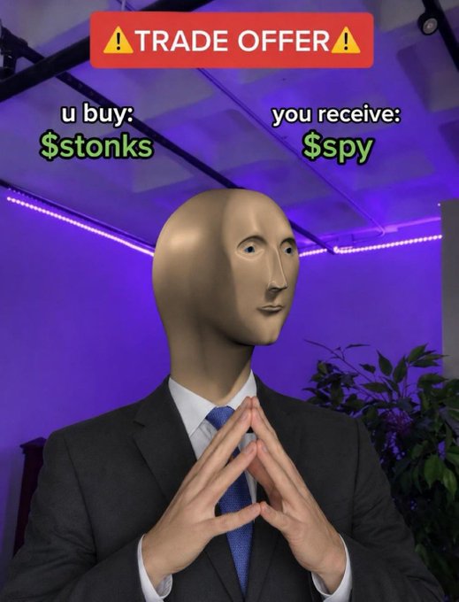 A meme featuring a figure in a suit with a blank mannequin head presents a "TRADE OFFER" trading $stonks for $spy, with purple LED lighting in the background.
