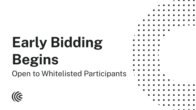 The image shows a white banner with black text that reads "Early Bidding Begins". The banner also features a circular design of dots, which are used as a logo for UniswapAuctions. The text indicates that the Early Bidding period has started and every block is being assigned to whitelisted participants. The post also mentions that the Public Auction will begin in 48 hours after the Early Bidding period ends.