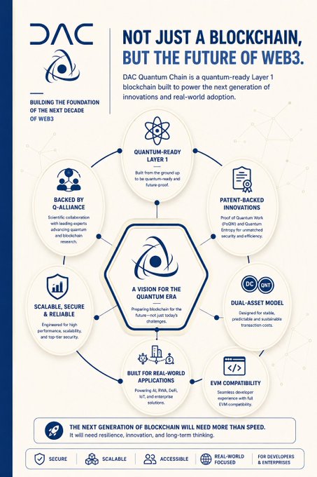 Infographic for DAC Quantum Chain blockchain titled 'NOT JUST A BLOCKCHAIN, BUT THE FUTURE OF WEB3', highlighting features like Quantum-Ready Layer 1, Q-Alliance backing, and a Dual-Asset Model (QC/QNT).