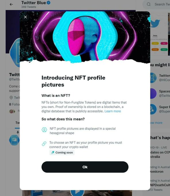 Twitter Blue popup introducing NFT profile pictures, explaining that NFTs are Non-Fungible Tokens stored on a blockchain and require a connected crypto wallet.