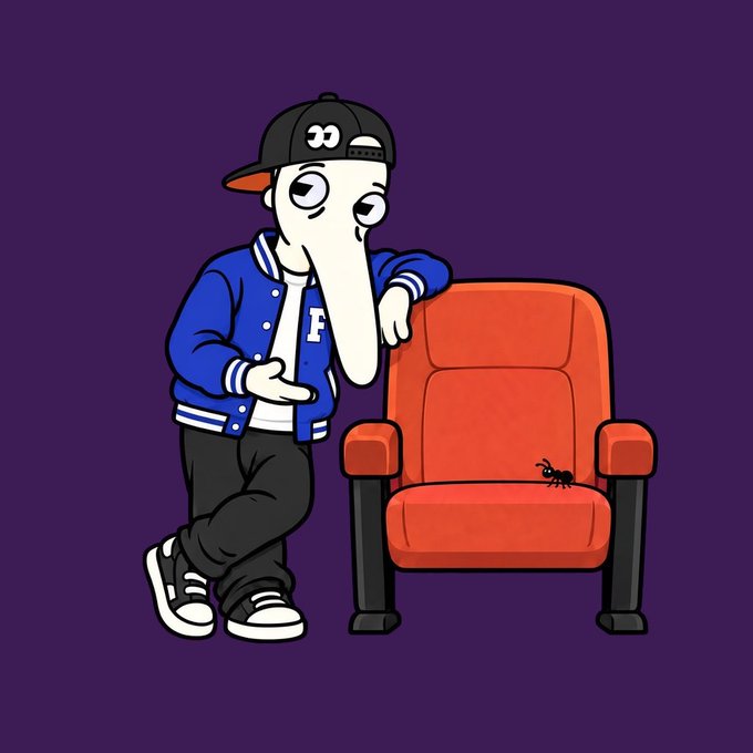 A cartoon illustration of a character with an elongated face, wearing a blue varsity jacket with 'B' and a black cap, leaning against a red armchair with an ant on it, set against a purple background.