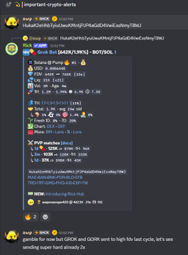 A Discord message in the 'important-crypto-alerts' channel discusses GRX token ($GRX on Raydium) being listed, with details including a token address, market cap of 0.408MIL, FDV of 4.08MIL, 1m of 21, 5m of 11, 1h of 1.1k, and links to pump, DexScreener, and a Telegram group.