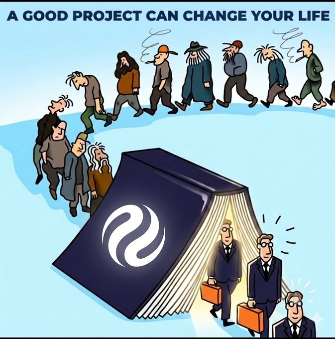 A cartoon illustration shows a line of disheveled, shabby people walking into a glowing book labeled with the Injective logo, while well-dressed professionals in suits and briefcases emerge from the other side, visually reinforcing the caption's message "A GOOD PROJECT CAN CHANGE YOUR LIFE" by depicting how a good project like Injective can transform one's circumstances.