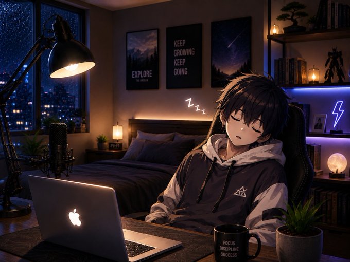 An anime-style illustration of a person sleeping at a desk with a laptop in a cozy bedroom with motivational posters reading 'EXPLORE', 'KEEP GROWING KEEP GOING', and a mug labeled 'FOCUS DISCIPLINE SUCCESS'.