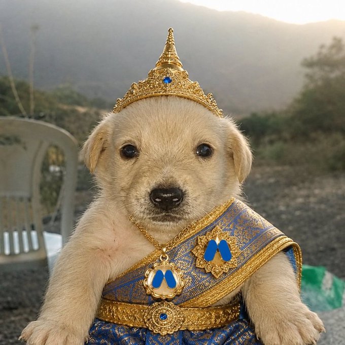 A light-colored puppy wearing an ornate golden crown and traditional blue and gold royal garments sits against a hazy mountainous backdrop, embodying the regal "king of Solana" persona referenced in the post about the dog $Jotchua saving the Solana blockchain.