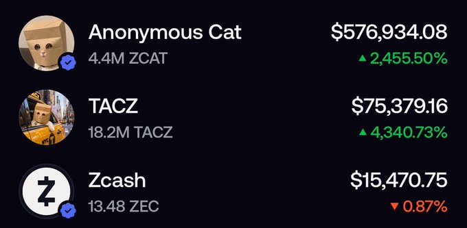 A crypto market list shows Anonymous Cat at $576,934.08 (+2,455.50%), TACZ at $75,379.16 (+4,340.73%), and Zcash at $15,470.75 (-0.87%).