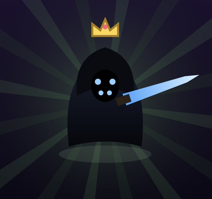 A shadowy hooded figure holding a blue sword stands beneath a golden crown against a dark radial burst background, symbolizing Robinhood's potential rise as a leading NFT protocol or "king" of innovation in the space. The minimalistic design emphasizes themes of power and pioneering a new NFT issuance approach.