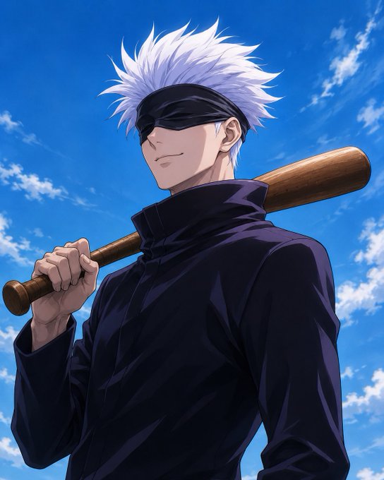 An anime-style illustration of Gojo Satoru from Jujutsu Kaisen, featuring white spiky hair, a black blindfold, and a wooden bat resting on his shoulder against a blue sky.