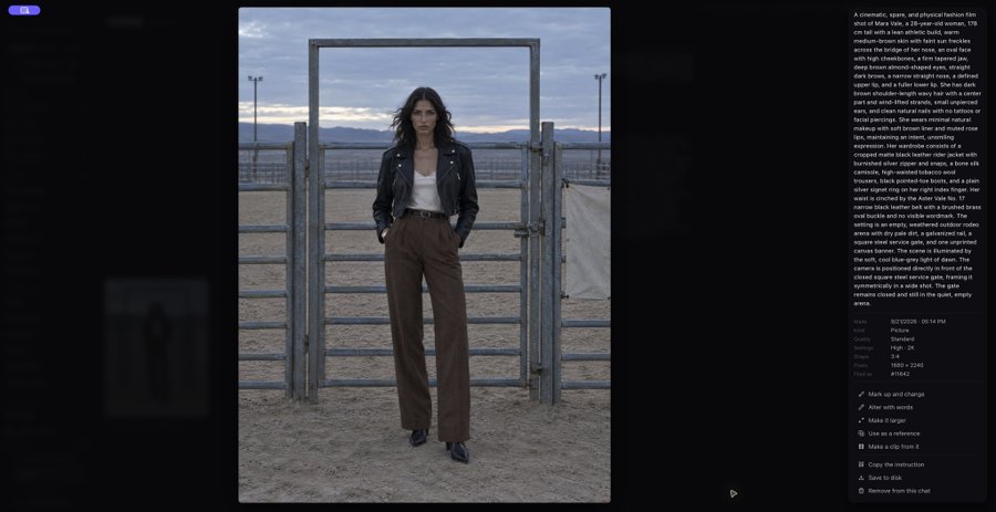 An image generation interface showing a woman in a leather jacket and brown pants standing in front of a gate, with the detailed prompt visible on the right side describing a cinematic scene.