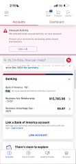 A screenshot of a banking app showing an account balance of '$13,563.39', a pending deposit of '$2,951', and the text 'LINK a Bank of America account'.