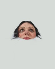 A woman's face emerges from a white liquid, looking upward with a neutral expression.