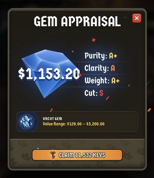 A 'Gem Appraisal' game popup showing an uncut gem valued at $1,153.20 with Purity A+, Clarity A, Weight A+, and Cut S ratings, offering to claim 31,632 KEYS.