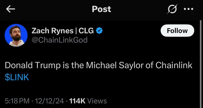 A screenshot of a post by Zach Rynes (@ChainLinkGod) reading "Donald Trump is the Michael Saylor of Chainlink $LINK," dated 5:18 PM on 12/12/24 with 114K views. The accompanying post highlights Chainlink's price decline from $29 to $7 between December 2024 and June 2026, suggesting that despite Rynes' bullish 2024 comparison of Trump to MicroStrategy's Michael Saylor for Chainlink, the asset suffered massive losses.
