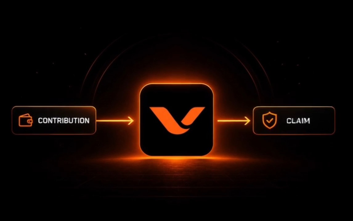 A diagram illustrating a process flow with arrows pointing from a 'Contribution' wallet icon to a central logo, then to a 'Claim' shield icon, set against a dark background with orange glowing accents.