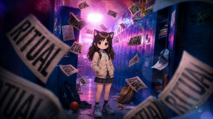 Anime-style illustration of a girl with cat ears in a school uniform standing in a locker hallway with 'RITUAL' signs scattered around under pink neon lighting.