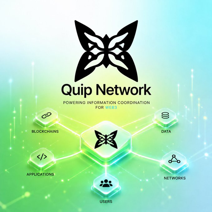 The image is a post from Quip Network, which focuses on the concept of information flow rather than chains or users. It includes illustrations representing various aspects of information flow, such as data blocks, connections between these blocks (like apps), and different types of networks where this flow occurs. The main takeaway is that people should focus more on understanding how data flows and connects through networks to ensure efficient movement. This idea contrasts with the popular focus on chains, users, or apps in traditional thinking about information systems.
