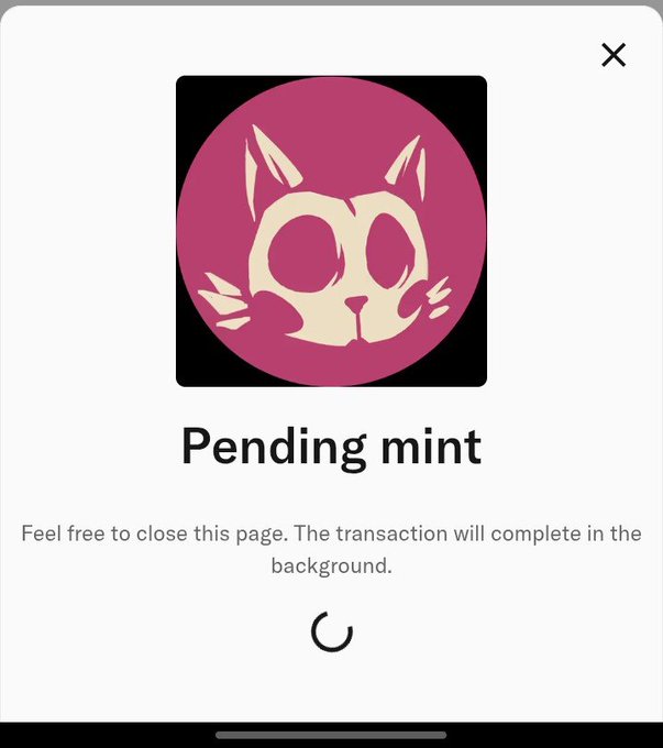 A mobile app screen showing a 'Pending mint' status with a pink circular icon featuring a white cat face, and a loading spinner indicating the transaction will complete in the background.