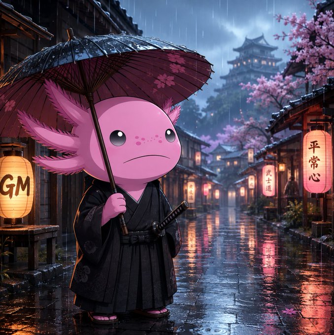 A digital illustration of a pink axolotl wearing a black samurai outfit and holding a traditional umbrella, standing on a wet street lined with glowing Japanese lanterns and cherry blossoms.