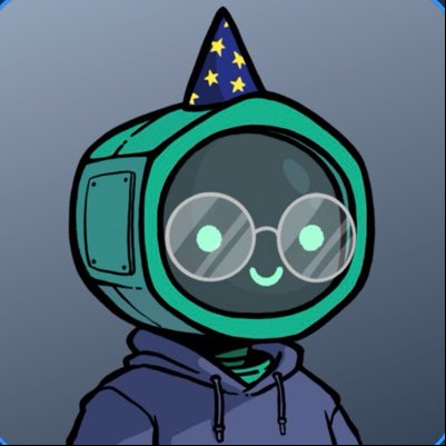 A digital illustration of a character wearing a teal helmet with a wizard hat on top, round glasses, and a purple hoodie against a dark background.