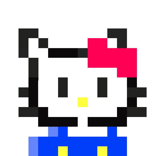 A simple pixel art image of Hello Kitty wearing a pink bow and blue overalls against a white background.