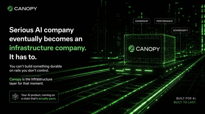 A dark green promotional graphic for 'CANOPY' describing itself as an AI infrastructure company, with text about ownership, performance, and sovereignty.