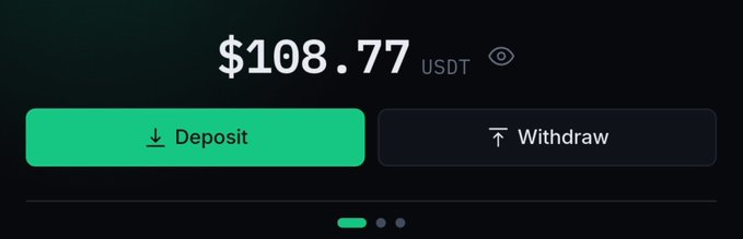 The image shows a balance display of "$108.77 USDT" with Deposit and Withdraw buttons, likely from a crypto exchange or wallet interface. This visual lends false credibility to the "$50 giveaway" post, as the displayed USDT balance is meant to appear as proof of funds or legitimacy, but the giveaway itself is a common social media scam asking users to drop their BEP20 wallet addresses.
