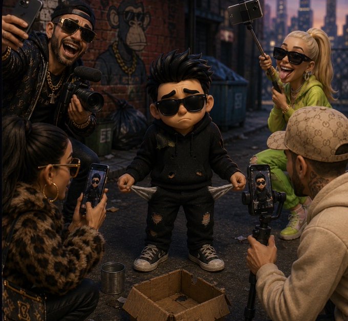 A stylized scene of a child in sunglasses and dark clothing surrounded by adults with cameras, smartphones, and selfie sticks in an urban alley setting with a cityscape in the background.