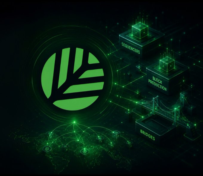 A futuristic green-themed graphic displaying a stylized leaf logo alongside 3D blocks labeled 'SEQUENCERS', 'BLOCK PRODUCTION', and 'BRIDGES', connected by glowing network lines over a world map.