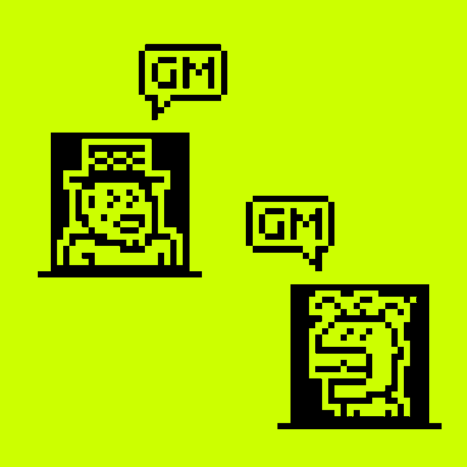 A pixel-art style image with a bright yellow-green background features two hooded character avatars in black boxes, each with a speech bubble displaying "GM," matching the post's repeated "GM GM" greeting while teasing the upcoming Hoodies NFT reveal.