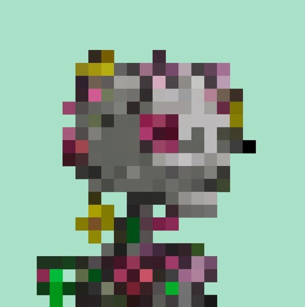 A low-resolution pixel art image shows a blocky, grayish figure with pink and green accents that resembles a stylized zombie-like creature on a light green background, visually echoing the post's mockery of a "Genuine Undead ripoff" NFT artwork tied to the $300 critique.