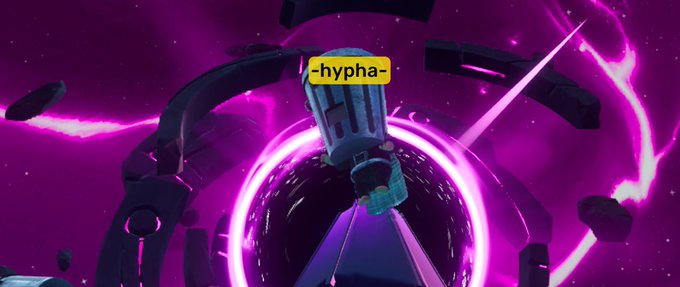 A vibrant purple cosmic scene features floating debris around a glowing portal with a floating block labeled "-hypha-" in the center, inviting viewers to join a live stream at otherside.xyz for what appears to be an immersive virtual/metaverse experience.