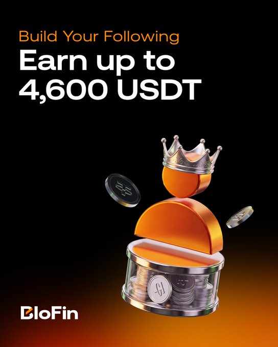 A promotional graphic for BloFin offering 'Earn up to 4,600 USDT' to 'Build Your Following', featuring a 3D orange figure with a crown sitting on a treasure chest of coins.