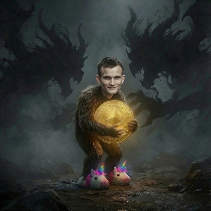 A digital artwork depicting Vitalik Buterin's face on a furry creature's body holding a large Ethereum coin, wearing unicorn slippers, with dark shadowy dragons in the background.