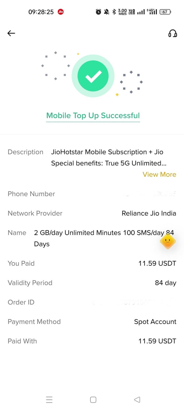 Mobile app screenshot confirming a successful mobile top-up of 'JioHotstar Mobile Subscription' for 11.59 USDT via Reliance Jio India.