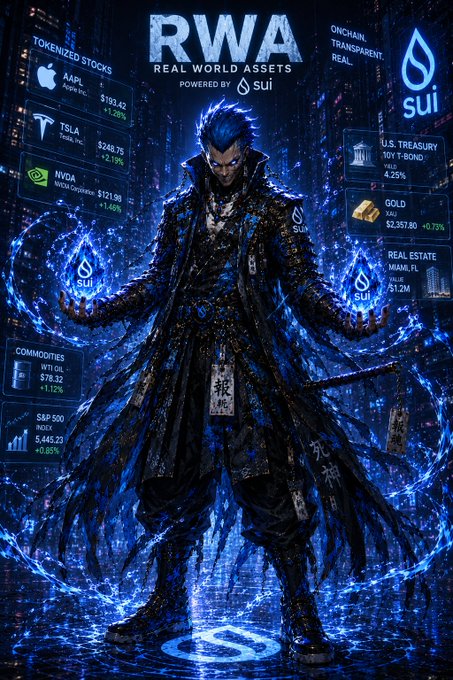 A promotional graphic for 'RWA - Real World Assets' powered by Sui, featuring a fantasy warrior character surrounded by blue flames, with floating panels displaying tokenized stocks (AAPL, TSLA, NVDA), commodities (WTI OIL), S&P 500, U.S. Treasury bonds, gold, and real estate.