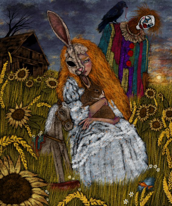 A detailed illustration of a girl with orange hair and a rabbit mask sitting in a sunflower field, holding a large brown rabbit, with a creepy clown and a black crow in the background.