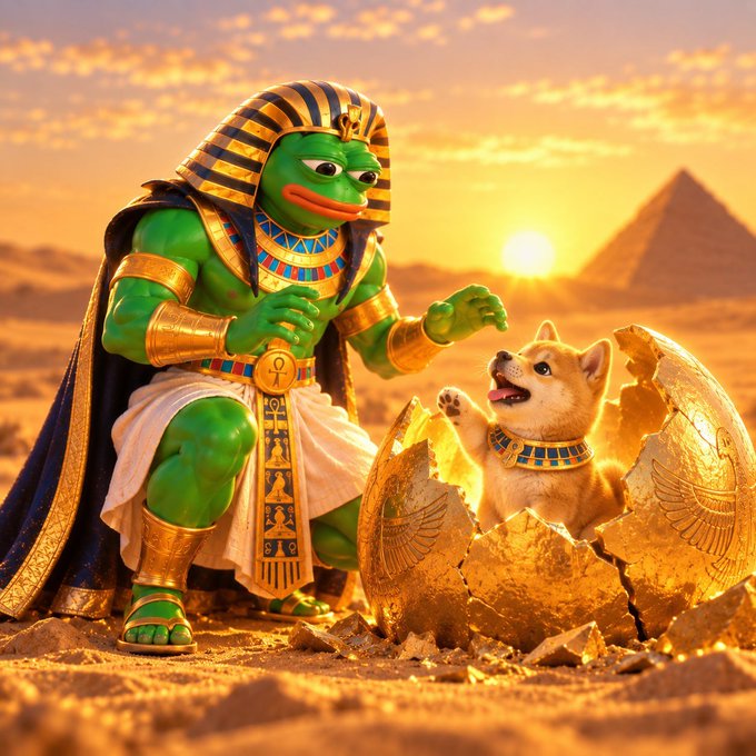 A Pepe the Frog character dressed as a pharaoh in gold accessories kneels next to a Shiba Inu puppy inside a cracked golden egg in front of a pyramid at sunset.