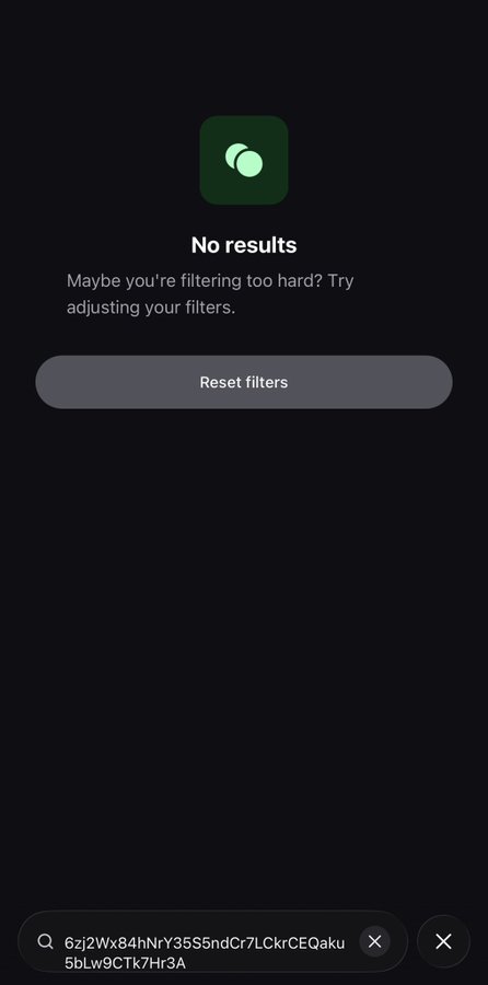 A dark mobile screen displays a "No results" empty state with a green pill icon, a message suggesting "Maybe you're filtering too hard? Try adjusting your filters," and a "Reset filters" button, with a wallet/crypto address "6zj2Wx84hNrY35S5ndCr7LCkrCEQaku5bLw9CTk7Hr3A" visible in a search bar at the bottom. The image humorously illustrates the author's caution about buying a token by filtering down to "zero" results, suggesting the launchpad or token has no track record or available information to evaluate.