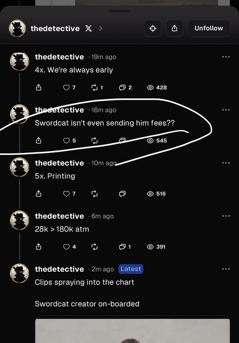 A Twitter/X thread from user "thedetective" shows a circled post reading "Swordcat isn't even sending him fees??" among other cryptic updates about printing and 28k to 180k.