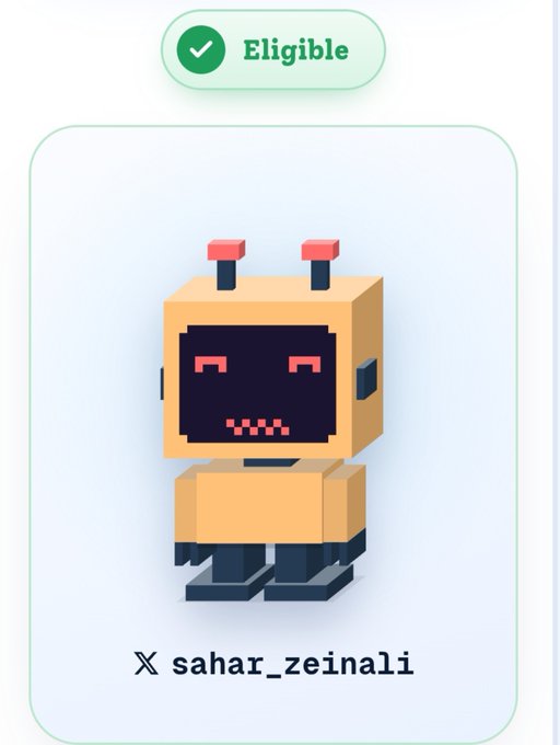 An 'Eligible' NFT profile card featuring a pixelated yellow robot character with red eyes and antennae, labeled 'sahar_zeinali' on the X platform.